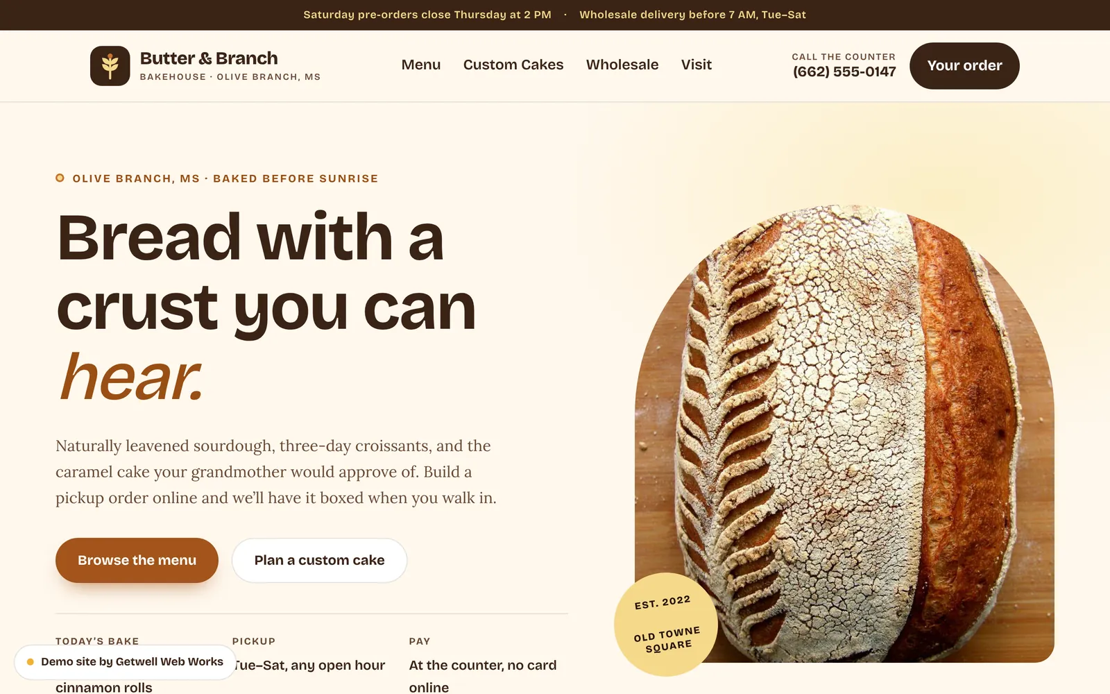 Home page of the Butter & Branch Bakehouse demo site on a desktop screen