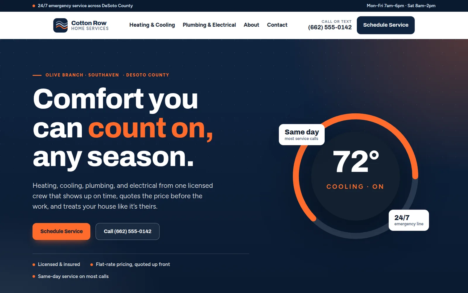 Cotton Row Home Services demo site home page on a desktop screen