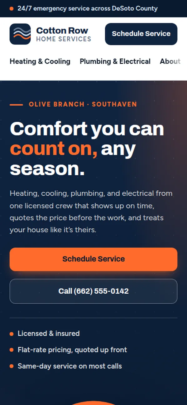 Cotton Row Home Services demo site on a phone