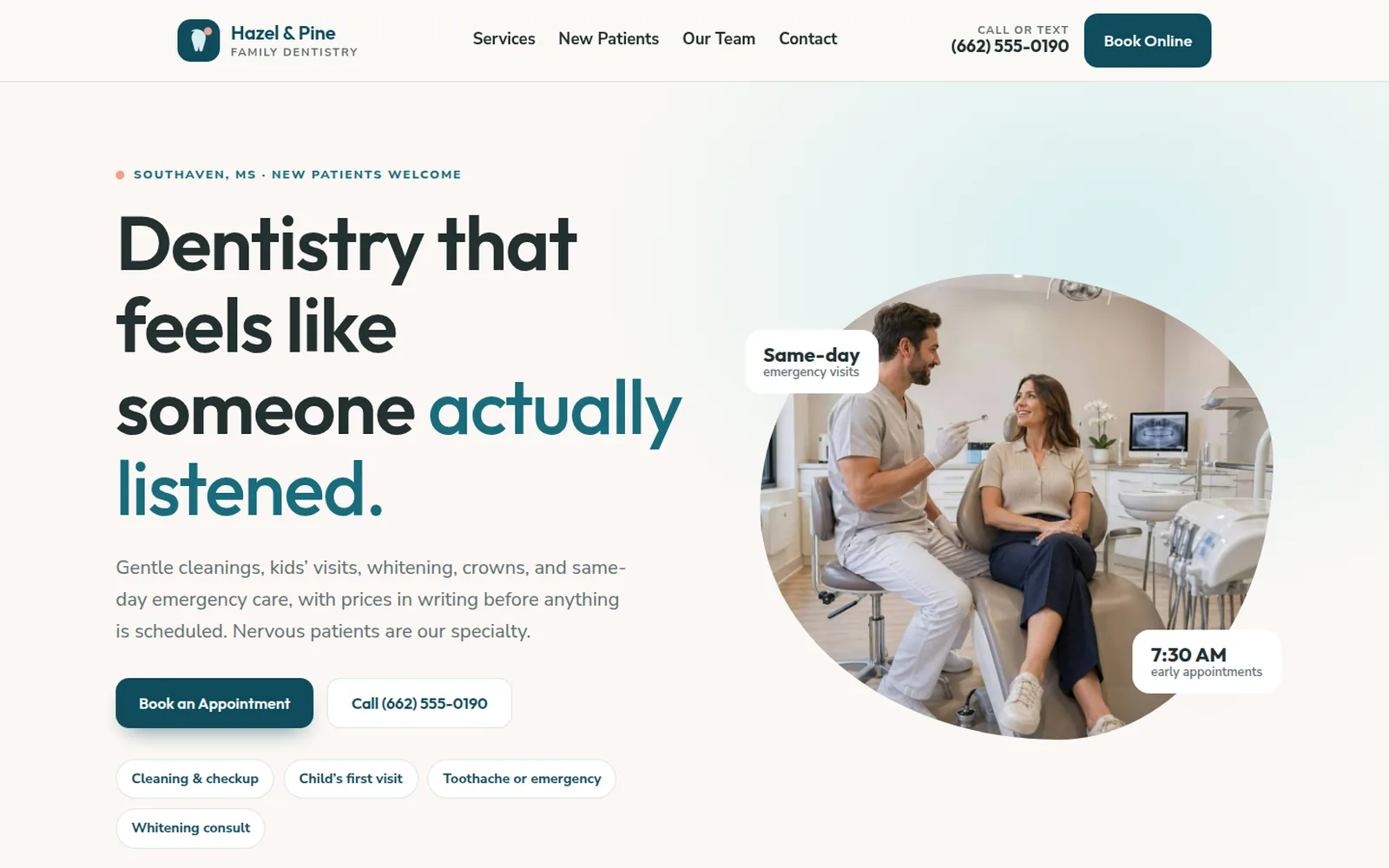 Hazel & Pine Family Dentistry demo site home page on a desktop screen