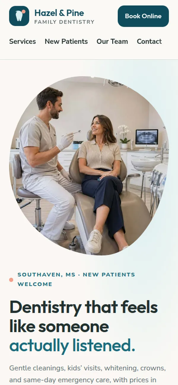 Hazel & Pine Family Dentistry demo site on a phone