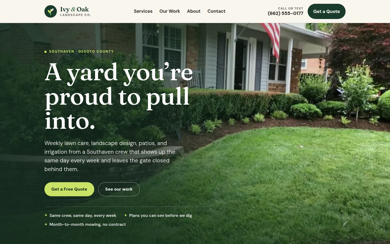 Ivy & Oak Landscape Co. demo site home page on a desktop screen