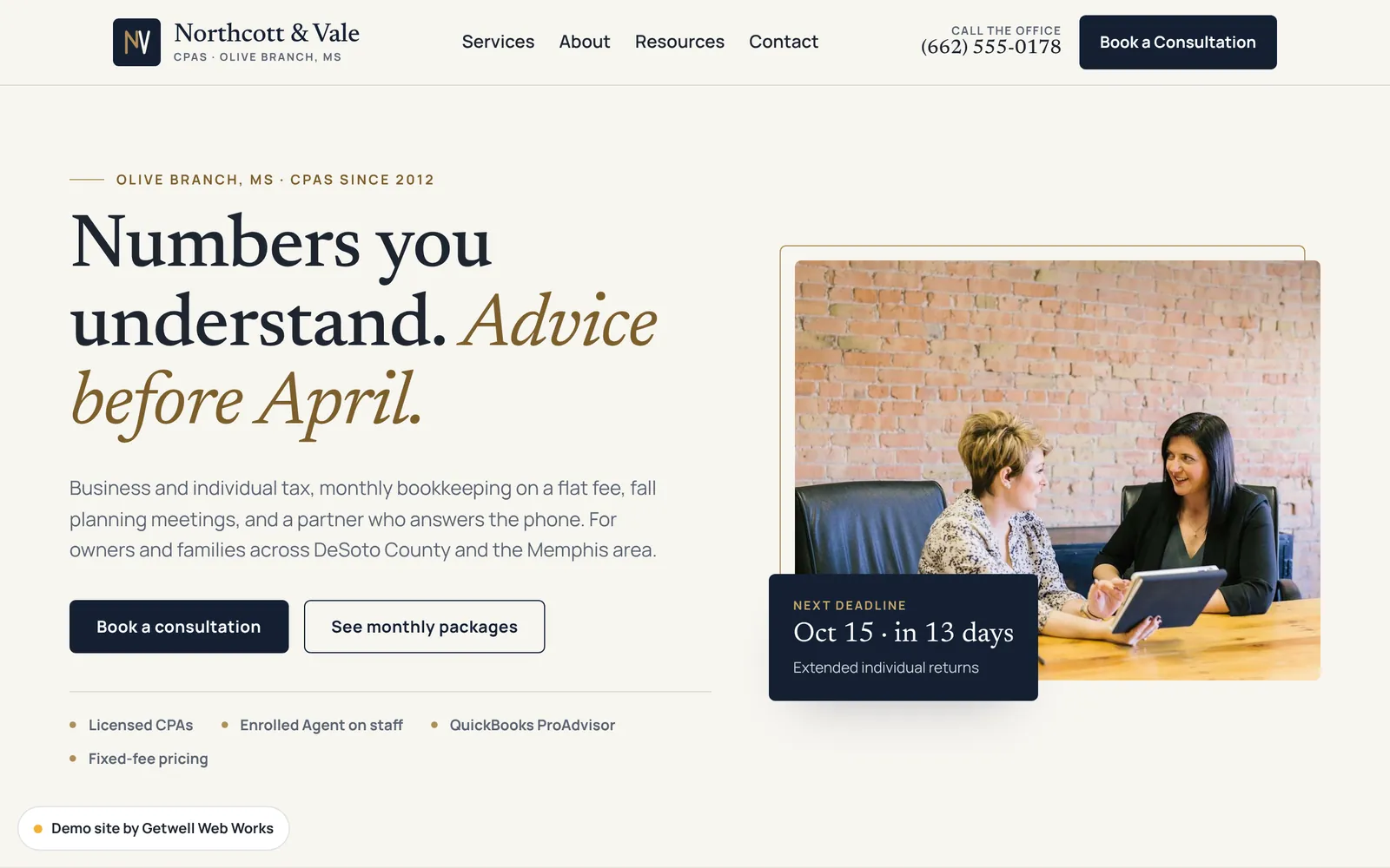 Northcott & Vale, CPAs demo site home page on a desktop screen