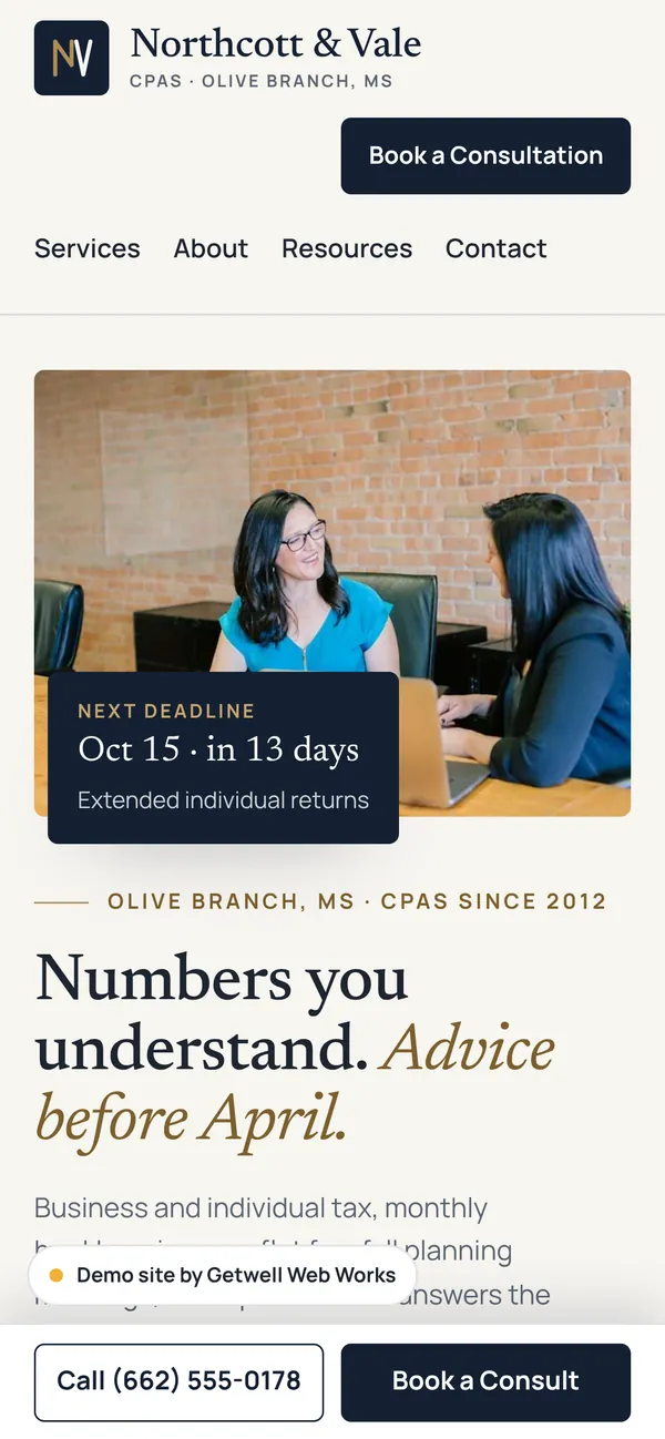 Northcott & Vale, CPAs demo site on a phone