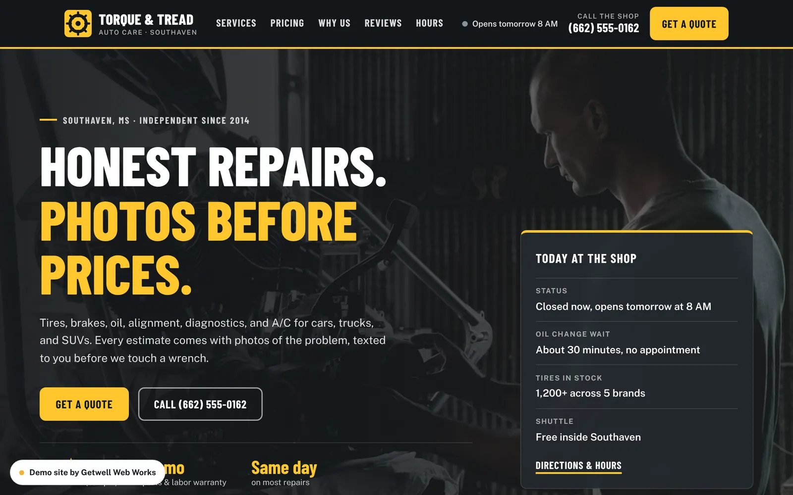 Torque & Tread Auto Care demo site home page on a desktop screen