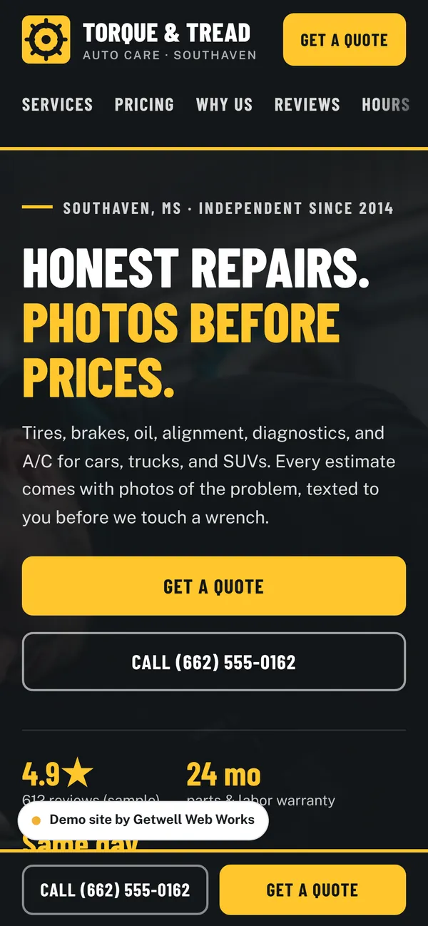Torque & Tread Auto Care demo site on a phone