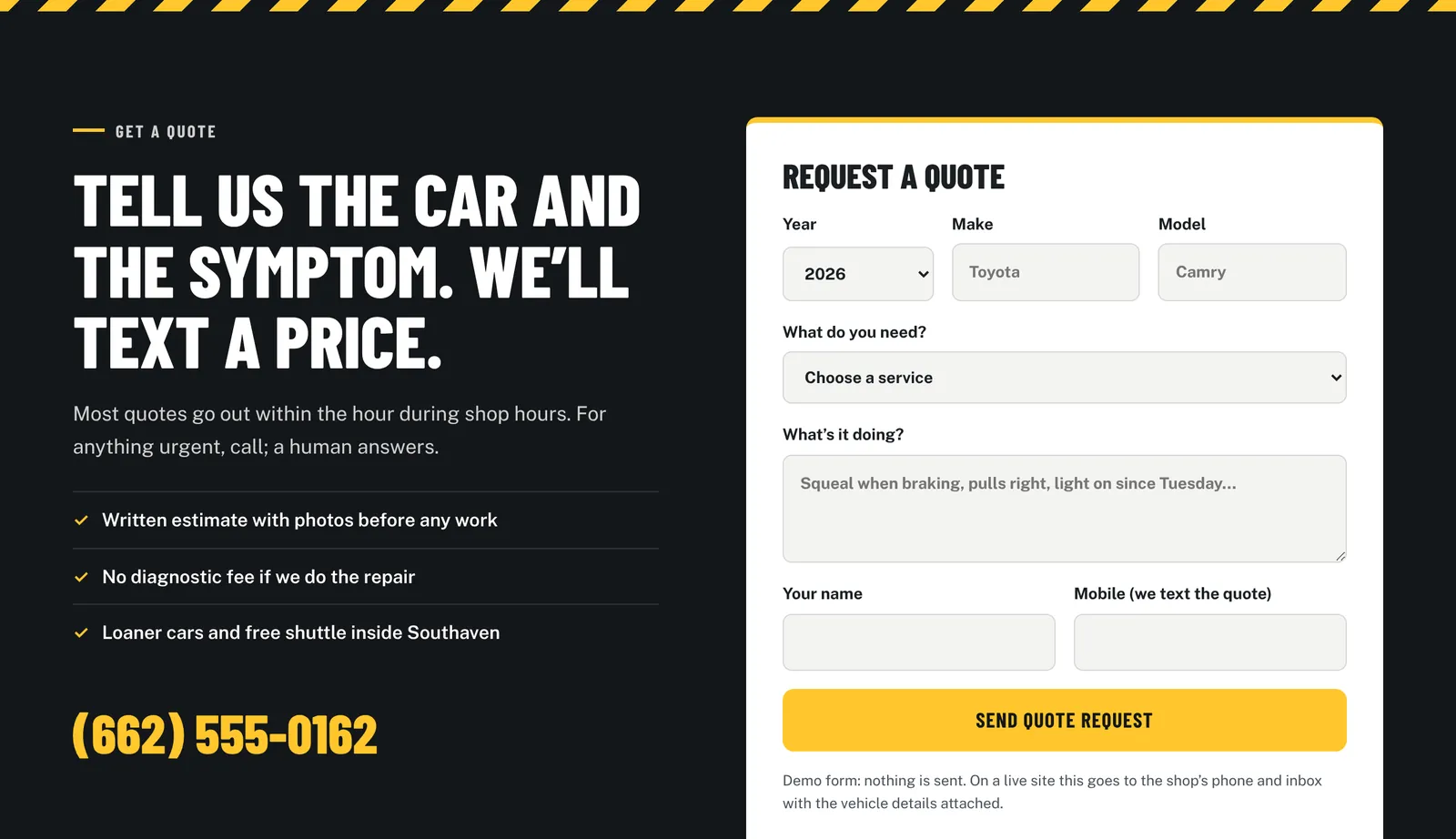 Quote request form on an auto repair website beside the shop phone number