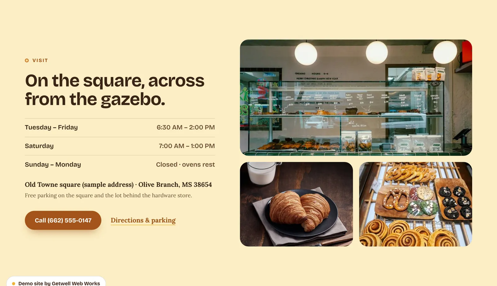 Visit section of a bakery website with opening hours, address, a call button and directions