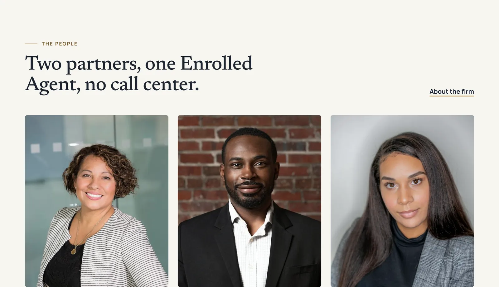 Team section of an accounting firm website with three staff portraits, names and roles